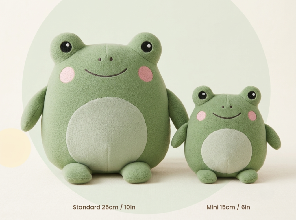 Handmade chubby frog plushie in two sizes, a 6 inch mini bag charm and a 10 inch huggable stuffed frog