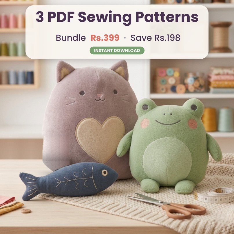 Handmade chonky heart cat pillow, chubby frog plushie and giant sardine pillow shown together as a sewing pattern bundle